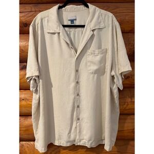 Breakwater Mens Silk Leaf Print Button Down Shirt XXL Beige Short Sleeve